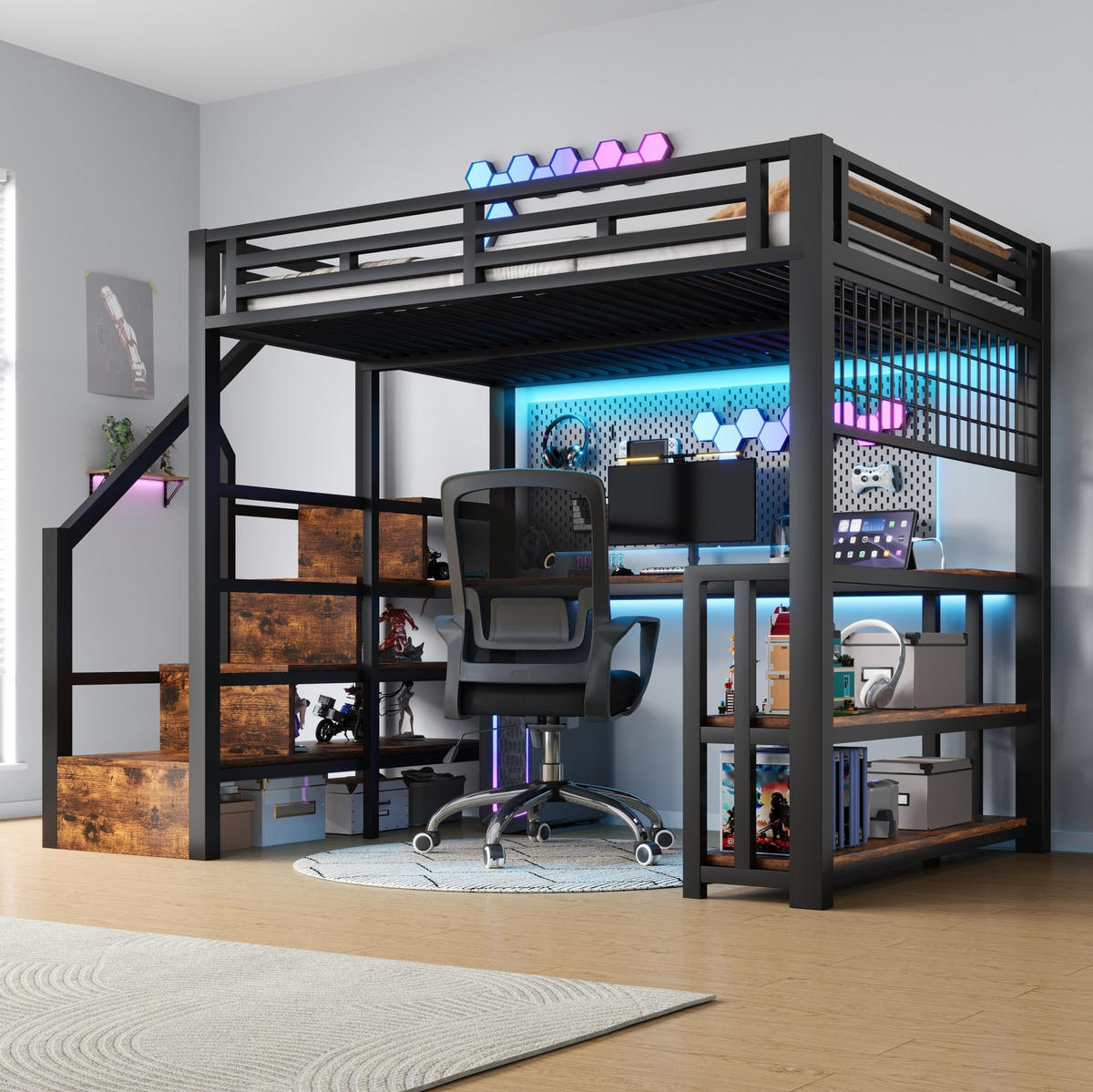 HOCHBETT aus Metall und MDF 140x200 cm Schwarz mit LED-Lichtleiste, Schreibtisch, Stauraum und USB/Typ-C-Anschlüssen - Schwarz, Metall (140/200cm) - Modfu