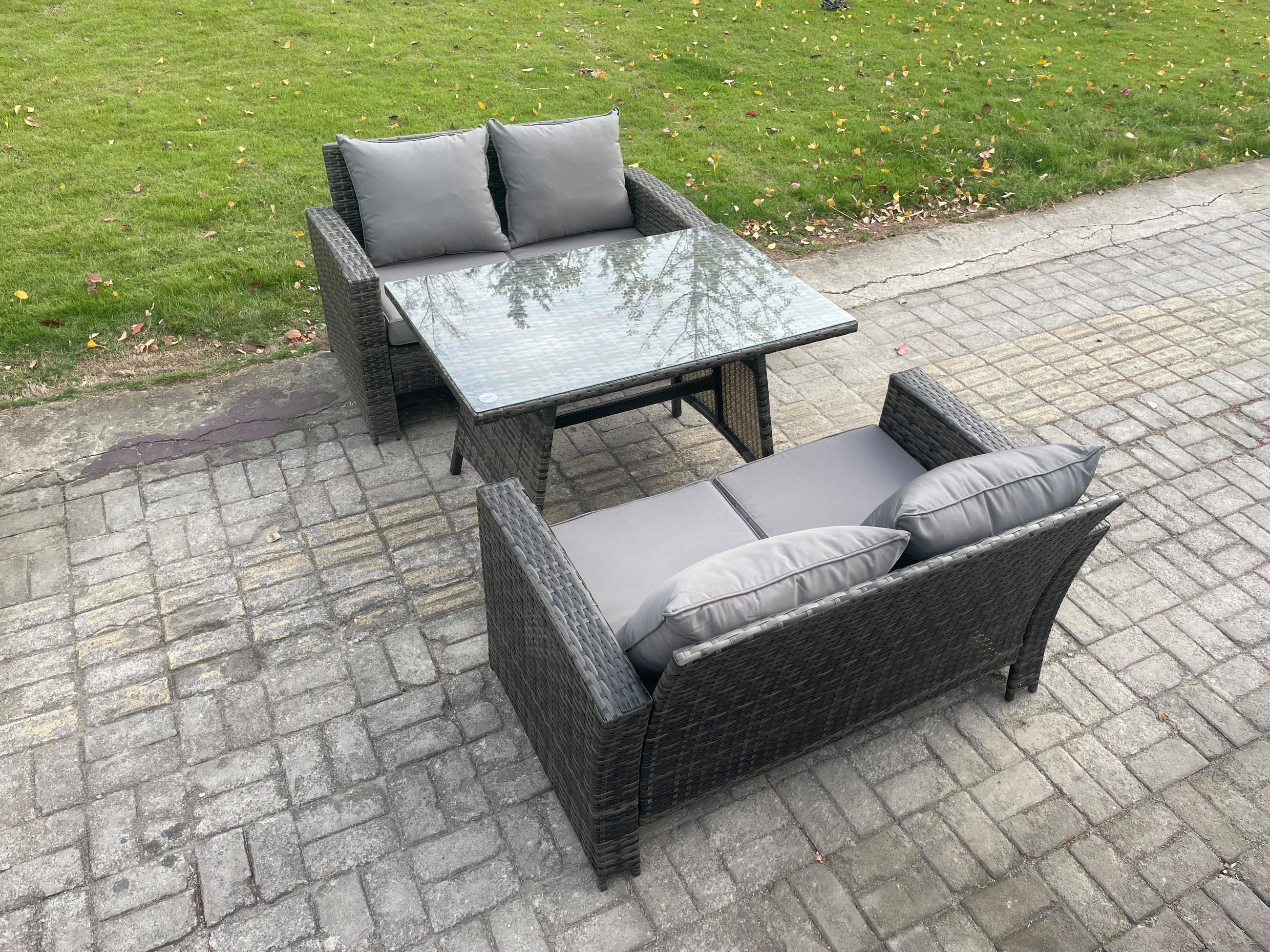 GARTENMÖBELSET mit ESSTISCH,HOCHLEHNER-SOFA Polyrattan Dunkelgrauer Mix 4-Sitzer - Dunkelgrau/Grau, Glas/Kunststoff - Fimous