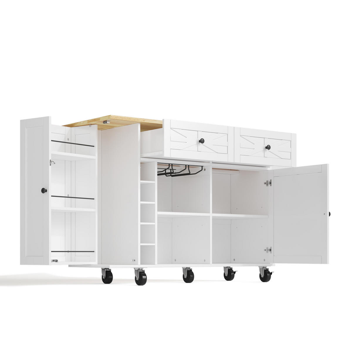 KÜCHENINSEL 120/45(70)/89 cm mit klappbarer Arbeitsplatte, Weinregal und Rollen aus MDF, Weiß/Natur - Weiß, Holzwerkstoff (120/89/70cm) - Redom