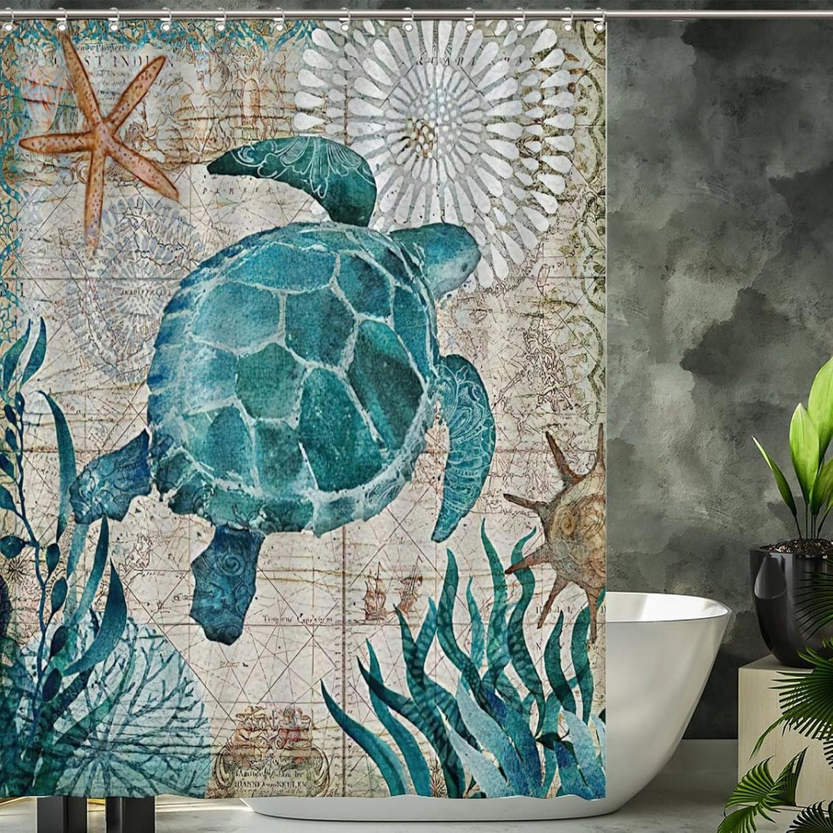 DUSCHVORHANG nautisch Vintage Muster Schildkröte Blau Petrol fürs Badezimmer 180 cm - Multicolor, Textil (120/180cm) - MCBOSON