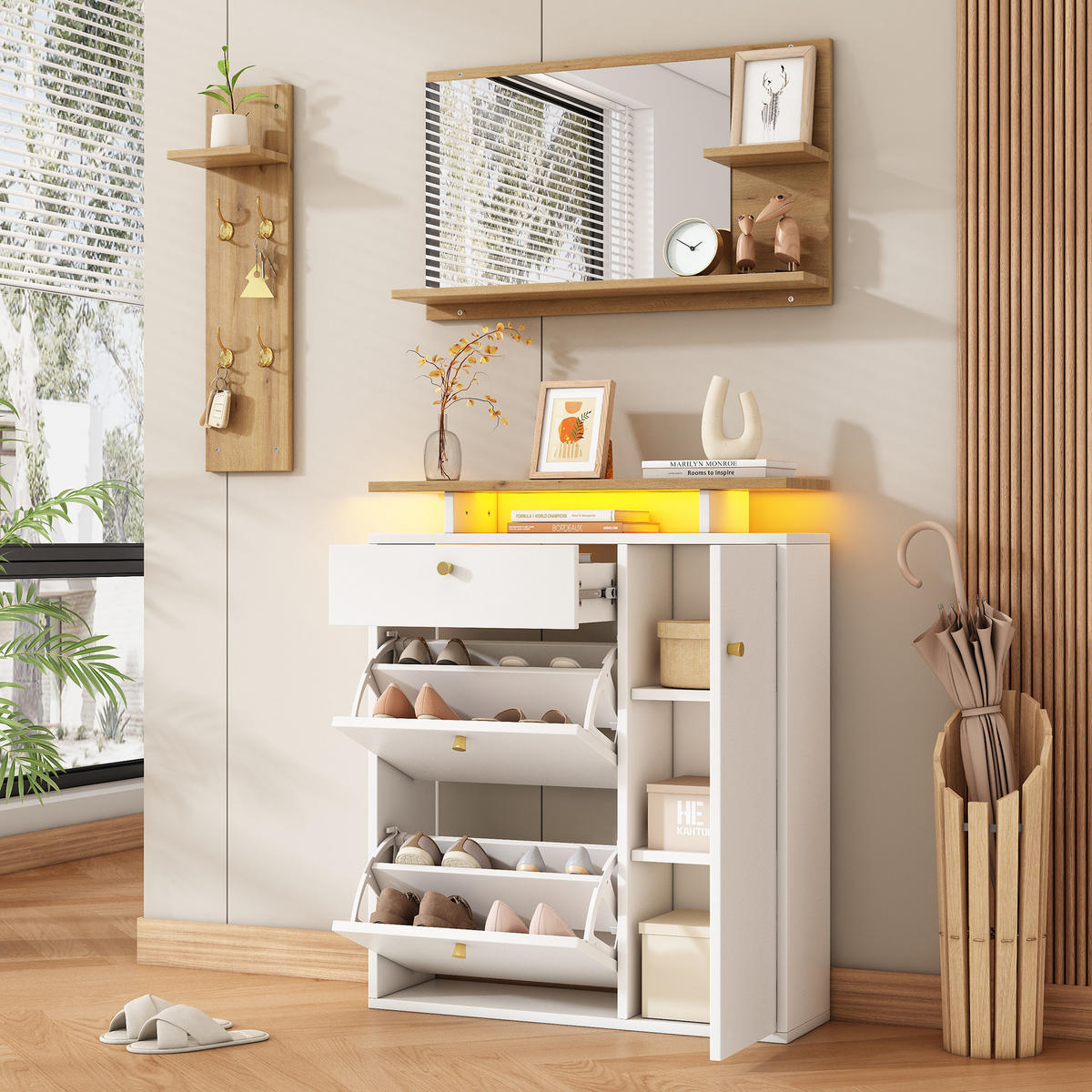 GARDEROBENSET 3-tlg mit Spiegel LED Natur Weiß 105x25x151.5cm - Weiß, Holzwerkstoff (25/151.5/105cm) - FLIEKS