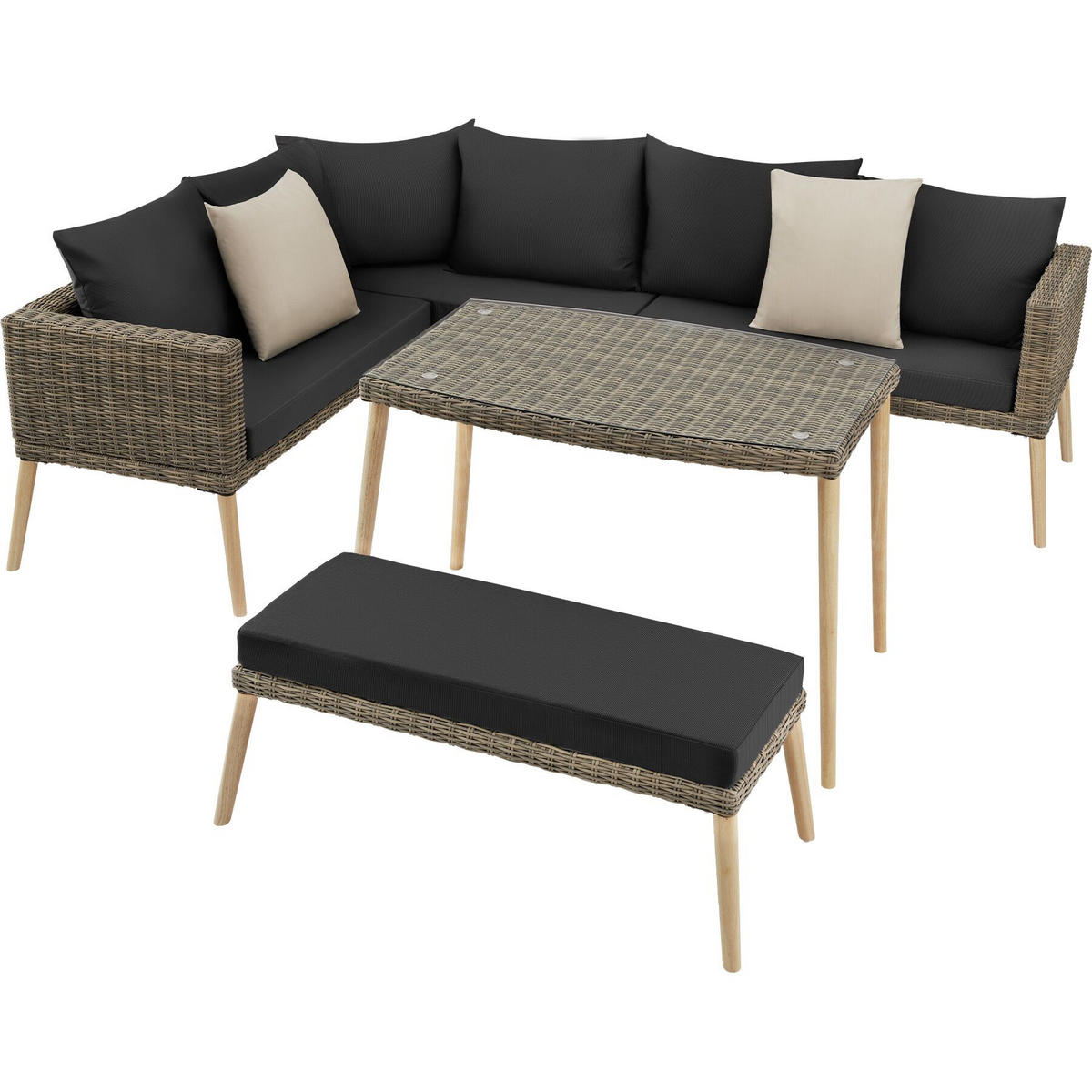 RATTANLOUNGE Pula,mit Sicherheitsglasplatte,natur - Naturfarben, Kunststoff/Metall - tectake