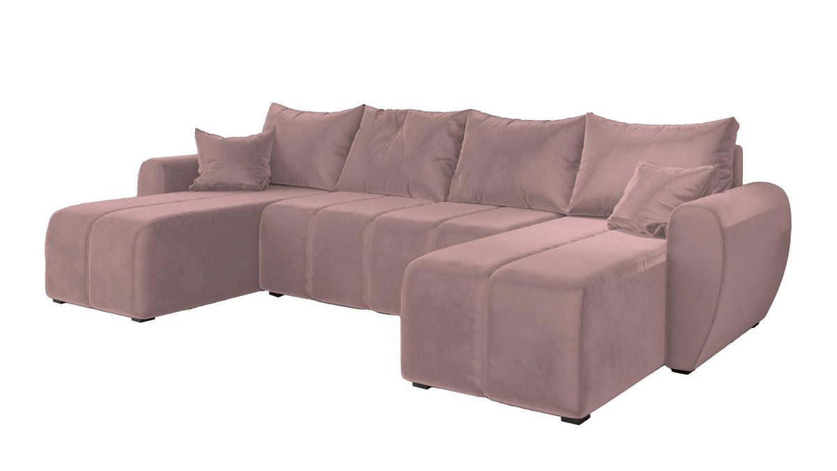 WOHNLANDSCHAFT MADISON U Rosa Plüsch-Stoff mit Schlaffunktion - Rosa, Holz (311/82/145cm) - MASSENO