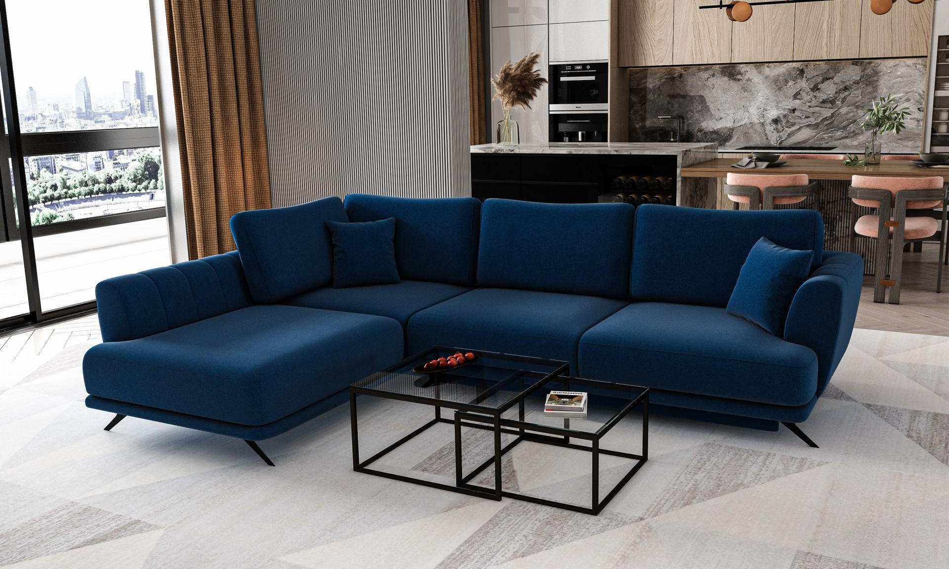 ECKSOFA mit Schlaffunktion und Bettkasten, Lukso-Stoff - Schwarz/Dunkelblau, Textil/Metall (276/191cm) - Eltap