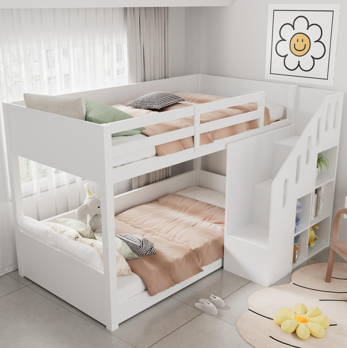 ETAGENBETT 90/200 cm Weiß mit Stauraumtreppe und Geländer - Weiß, Holz (90/200cm) - Flora Grace