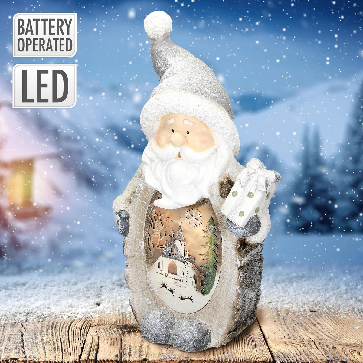 LED-WEIHNACHTSMANN DEKO FIGUR 52 cm Warmweiß batteriebetrieben für Innen - Grau, Kunststoff (14/52/27cm) - ECD-Germany