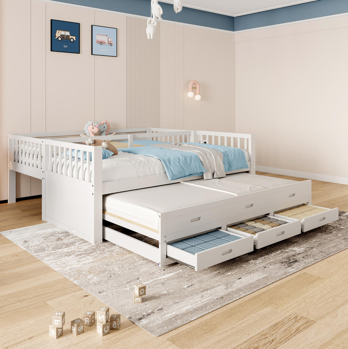 ETAGENBETT 90/200 cm aus Kiefern und MDF mit Ausziehbett und 3 Schubladen, Weiß - Weiß, Holzwerkstoff (90/200cm) - Redom