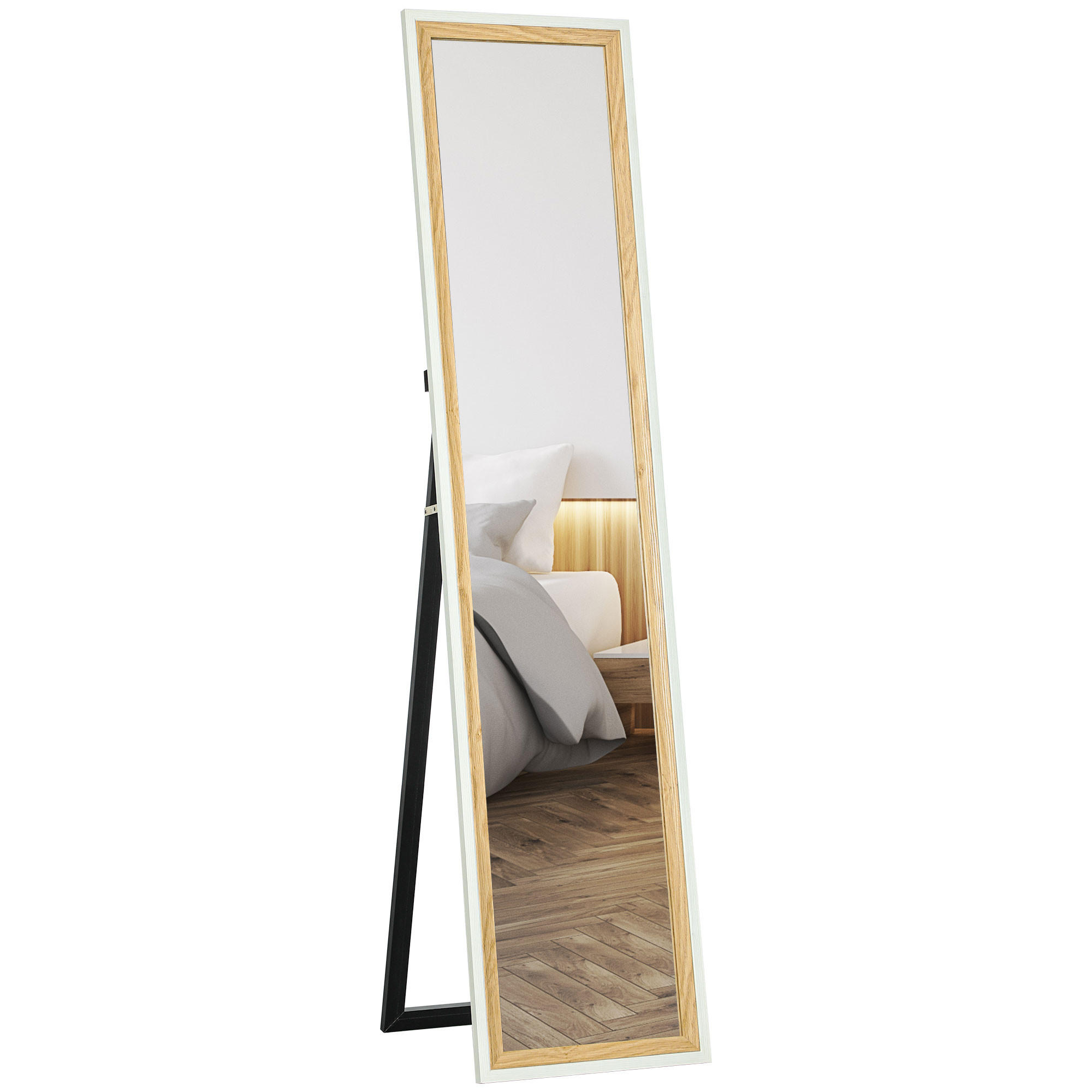 STANDSPIEGEL DE-17923 157x37 cm mit U-fuß & Holzoptik Weiß/Holz - Weiß, Glas (37/157/2.5cm) - ComfortXL