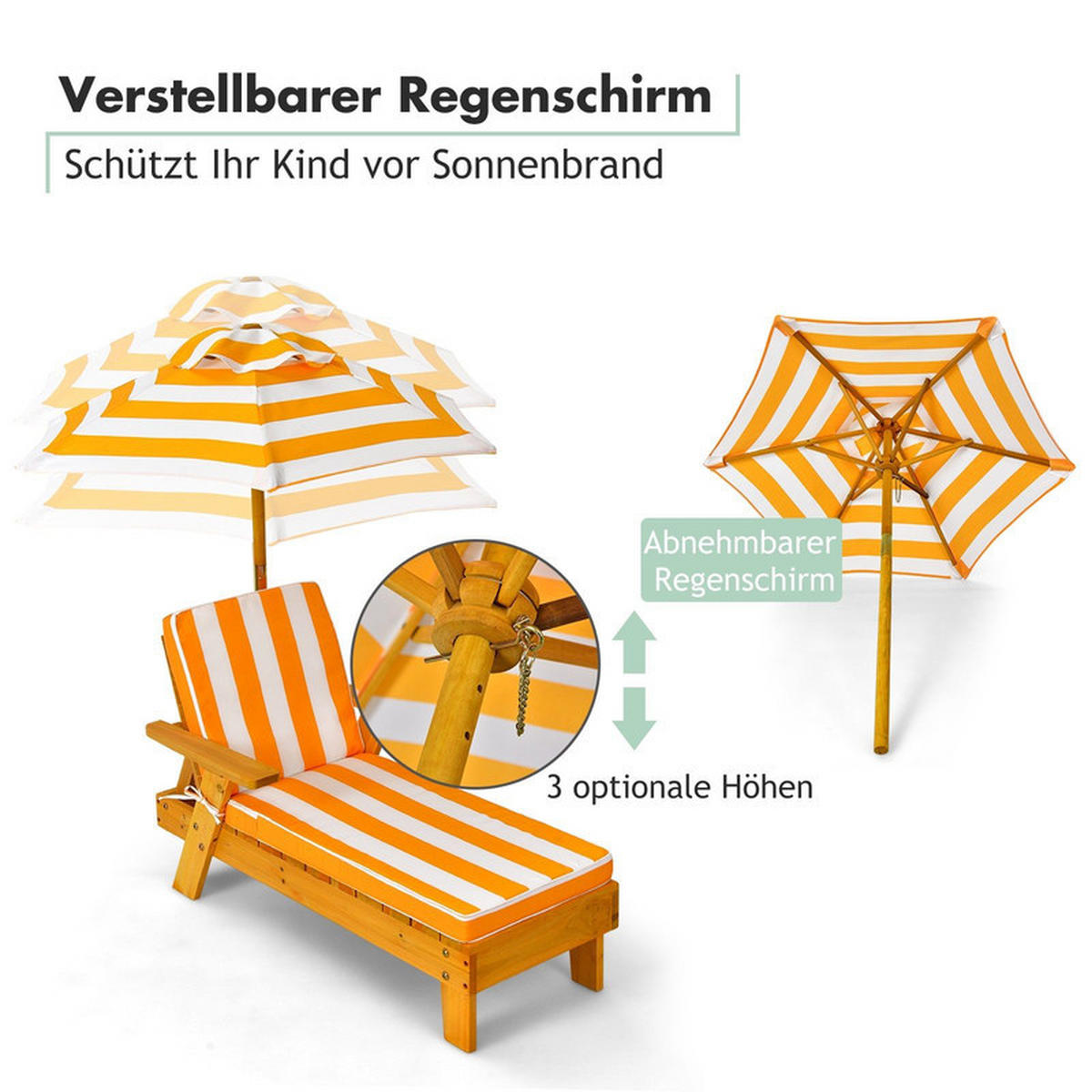 KINDER-SONNENLIEGE mit Sonnenschirm gelb - Gelb, Holz - COSTWAY