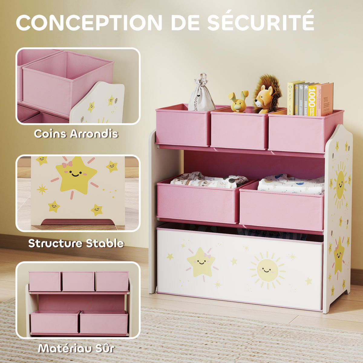 KINDERREGAL DE-17259 3 Ebenen & 6 herausnehmbare Stoffboxen Rosa - Pink, Holzwerkstoff (63/66/30cm) - ComfortXL