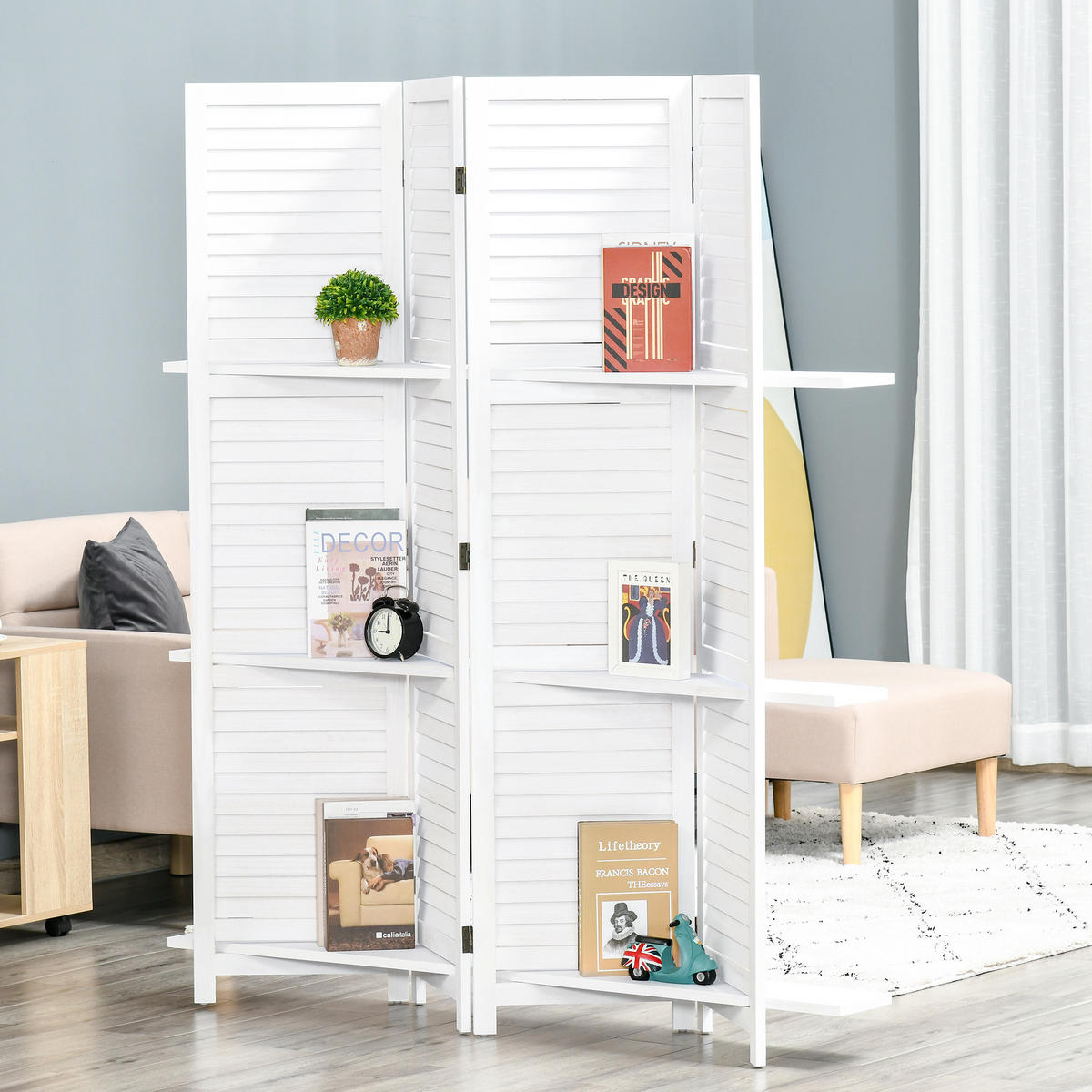 PARAVENT DE-14239 4 Paneele, klappbar, mit 3 Regalen Weiß - Weiß, Holz (160/170/1.9cm) - ComfortXL