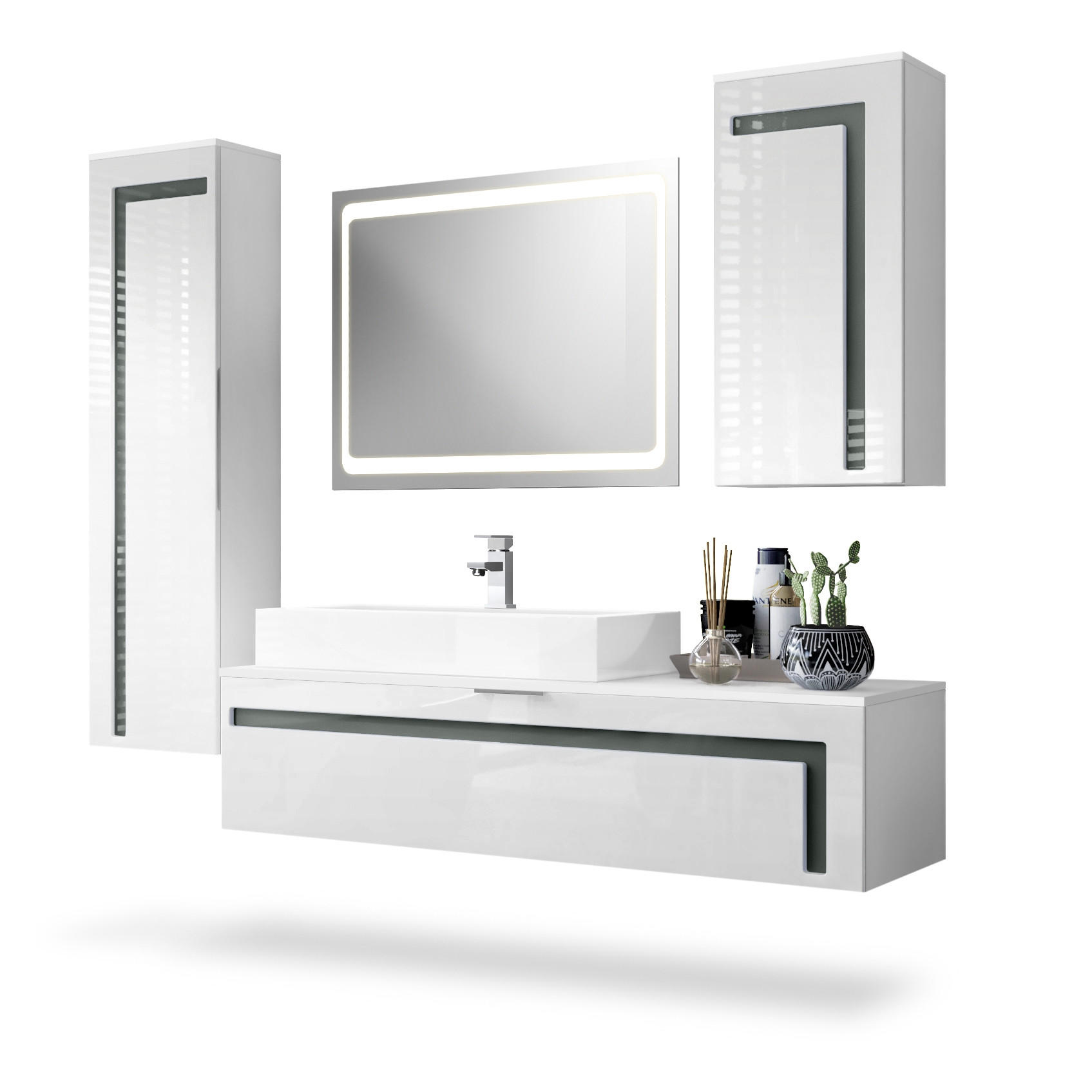 BADMÖBELSET Aloha Absetzungen in Grau Hochglanz - Grau, Holzwerkstoff (210/185/51cm) - Vladon
