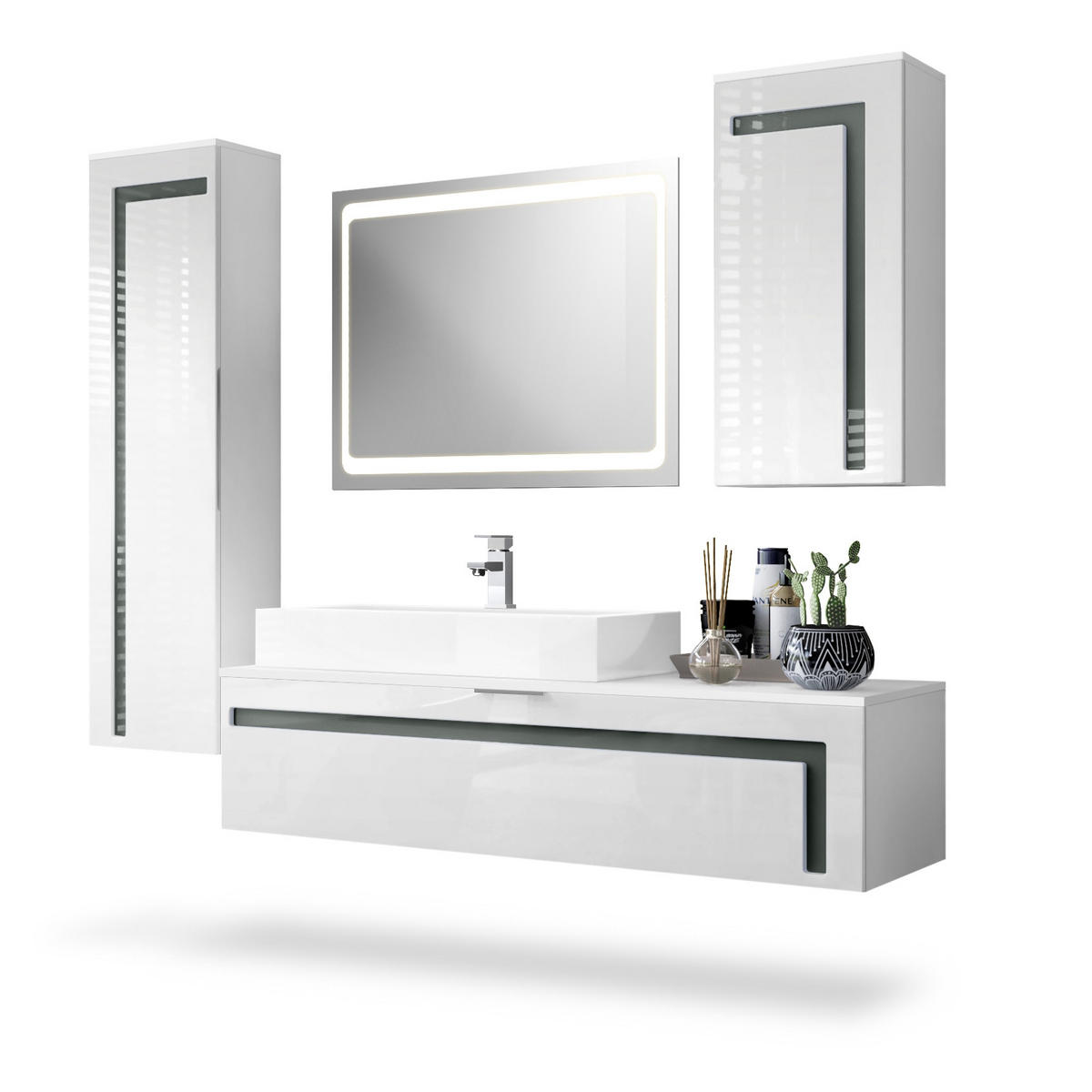 BADMÖBELSET Aloha Absetzungen in Grau Hochglanz - Grau, Holzwerkstoff (210/185/51cm) - Vladon