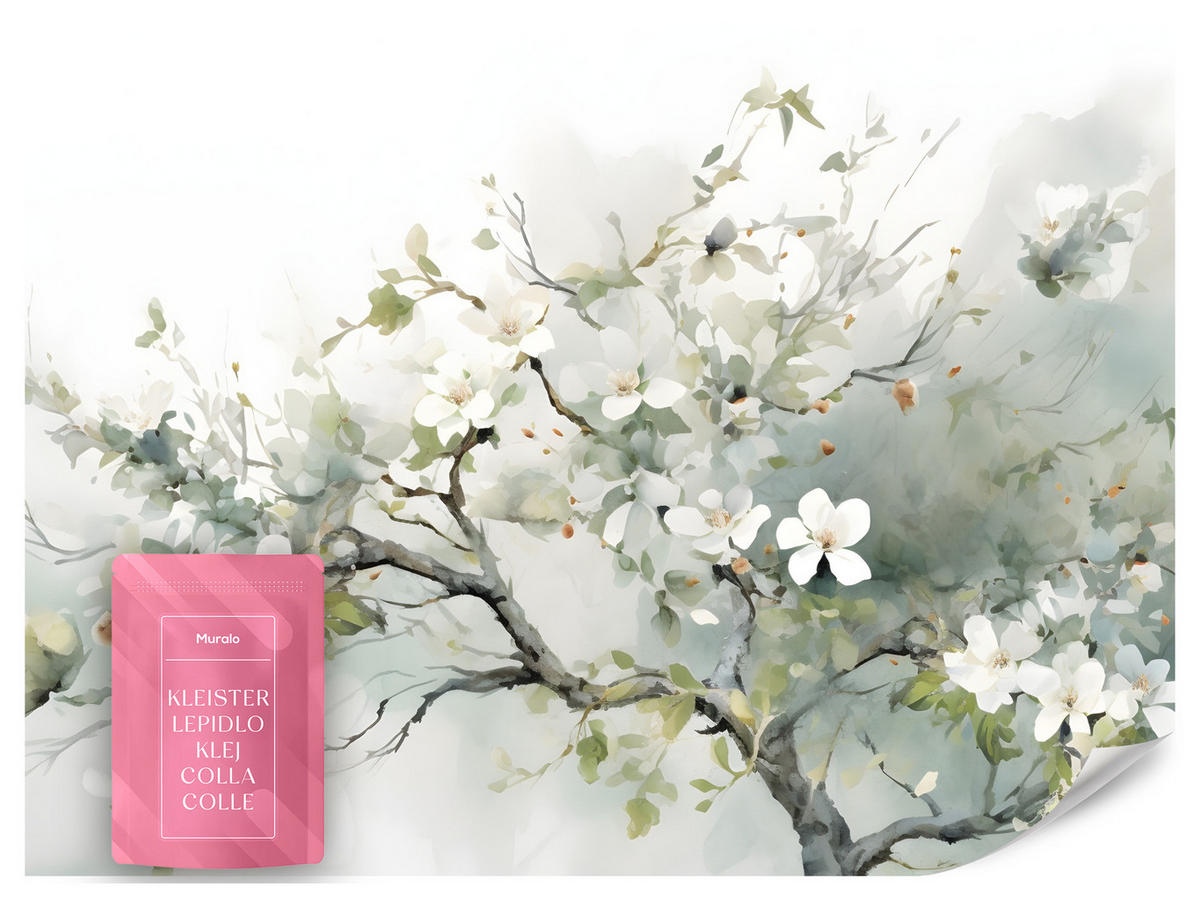 FOTOTAPETE für Wohnzimmer Aquarellbaum Blumen Natur 450x315 - Beige/Weiß, Papier (450/315cm) - Muralo