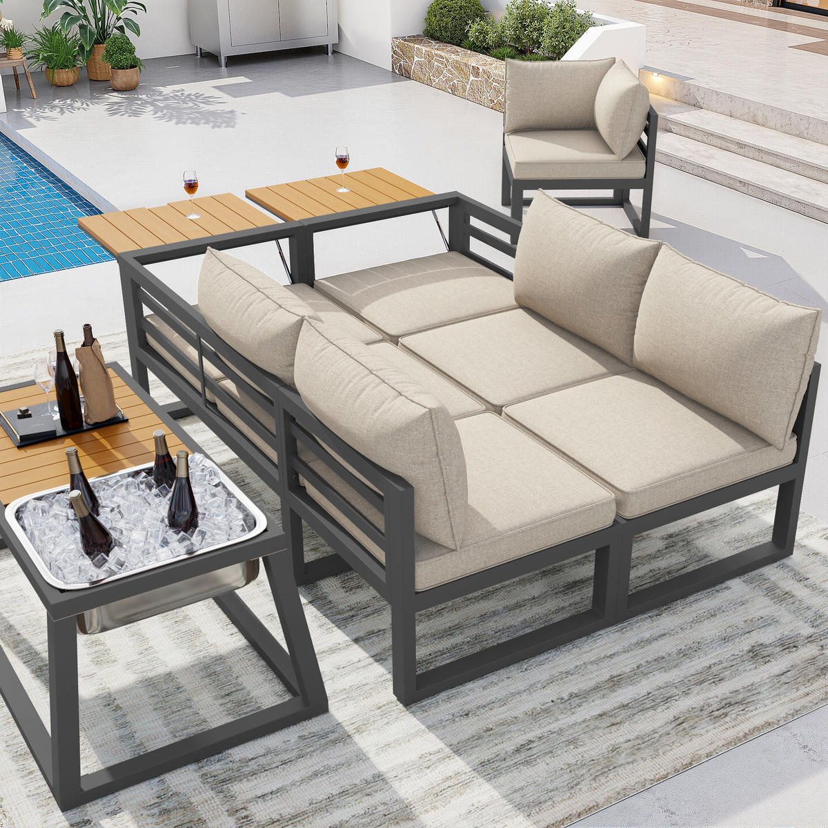 GARTENLOUNGE Grau Beige modular verstellbar Metall Eisbehälter Kissen - Beige, Metall - FLIEKS