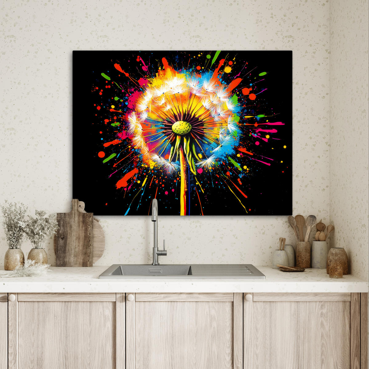 LEINWANDBILD Löwenzahn - Graffiti - Farbenfroh - Blumen - Natur Wandbilder 80x60 cm - Multicolor, Textil (80/60cm) - MuchoWow