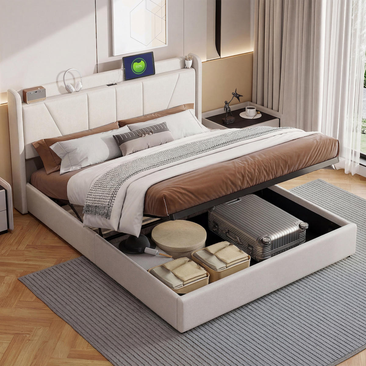 POLSTERBETT 160x200 cm mit hydraulischem Stauraum, 2 USB & 1 Typ-C Anschluss, Leinenstoff in Beige - Beige, Holz (160/200cm) - BRILVERDE