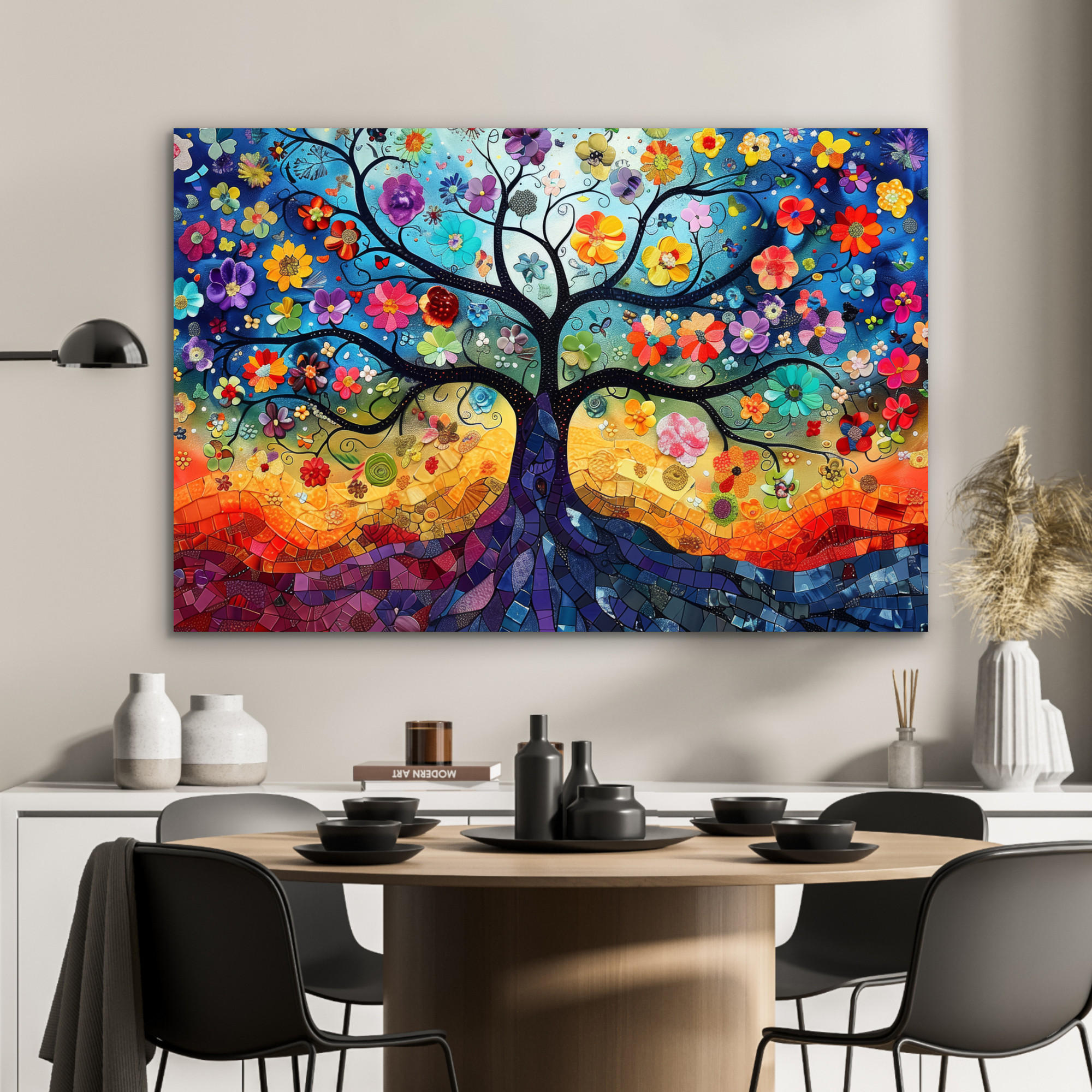 METALLBILD Kunst - Baum des Lebens - Blumen - Hippie 90x60 cm - Dunkelblau, Metall (90/60cm) - MuchoWow