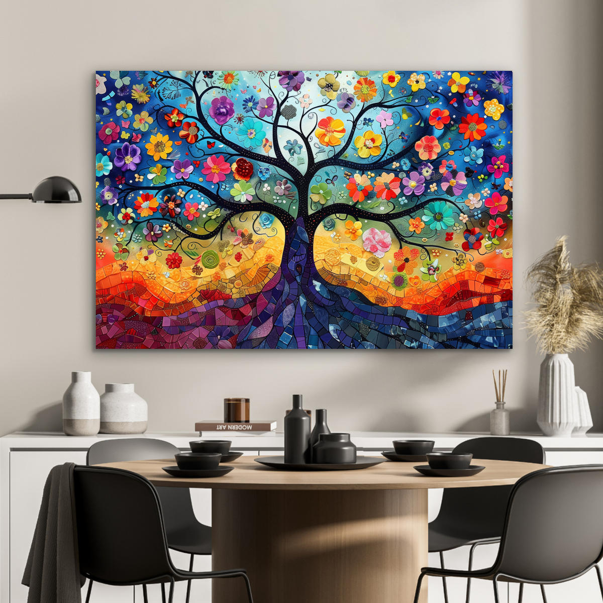 METALLBILD Kunst - Baum des Lebens - Blumen - Hippie 120x80 cm - Dunkelblau, Metall (120/80cm) - MuchoWow