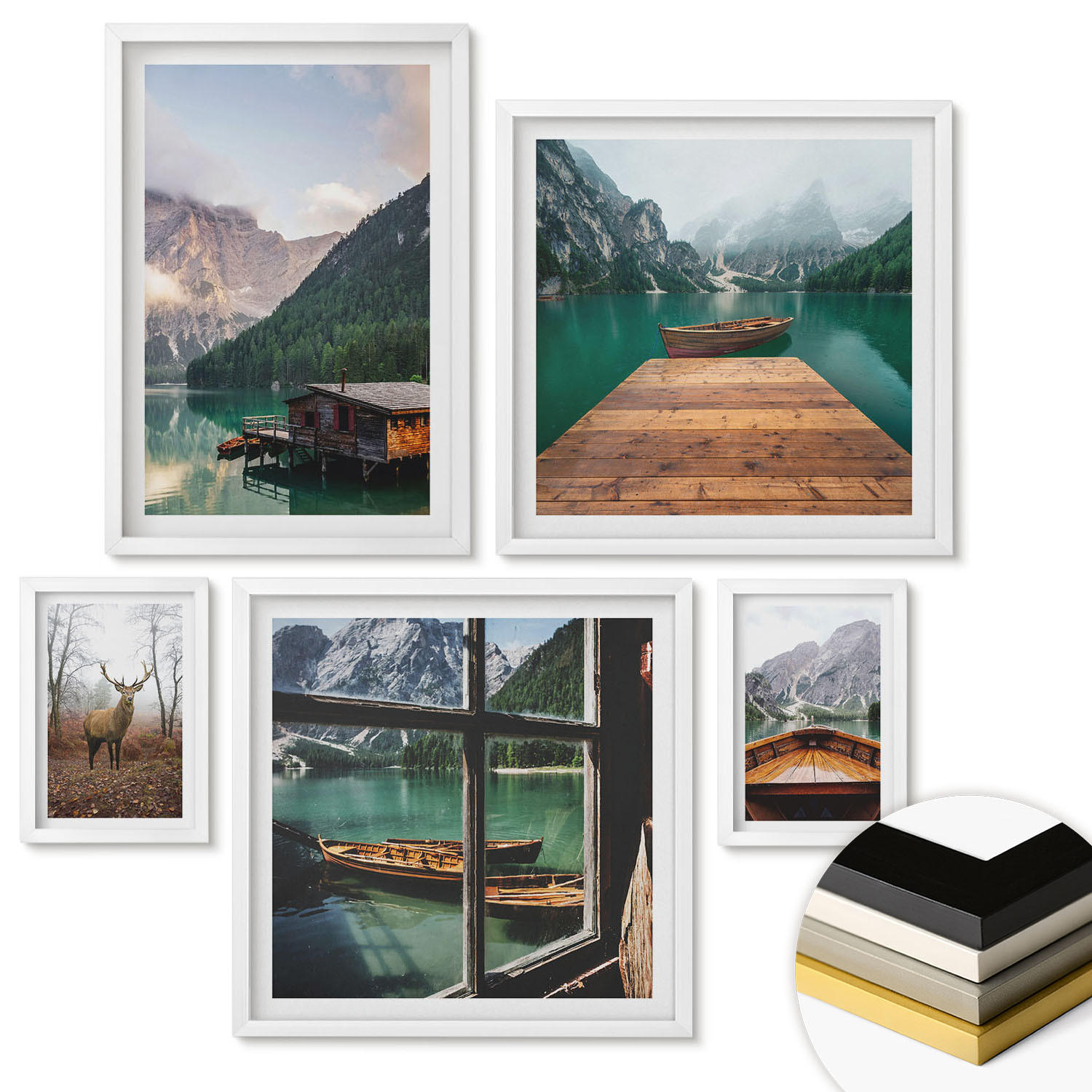 WANDBILDER 5er-Set - 50x50 cm & 20x30 cm & 40x60 cm Weißer Rahmen - Berglandschaften, Ferienhäuser, Boote - Weiß, Kunststoff (40/60cm) - ArtPrintCave