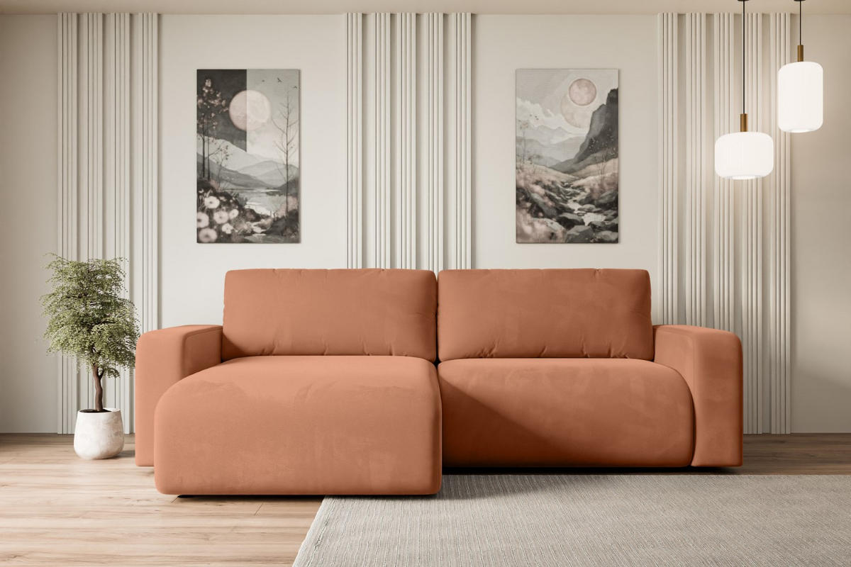 ECKSOFA mit Schlaffunktion und Bettkasten KLEEA-L - 247x143x83 cm Koralle Velours - Koralle/Schwarz, Holzwerkstoff/Kunststoff (247/143cm) - ALTDECOR