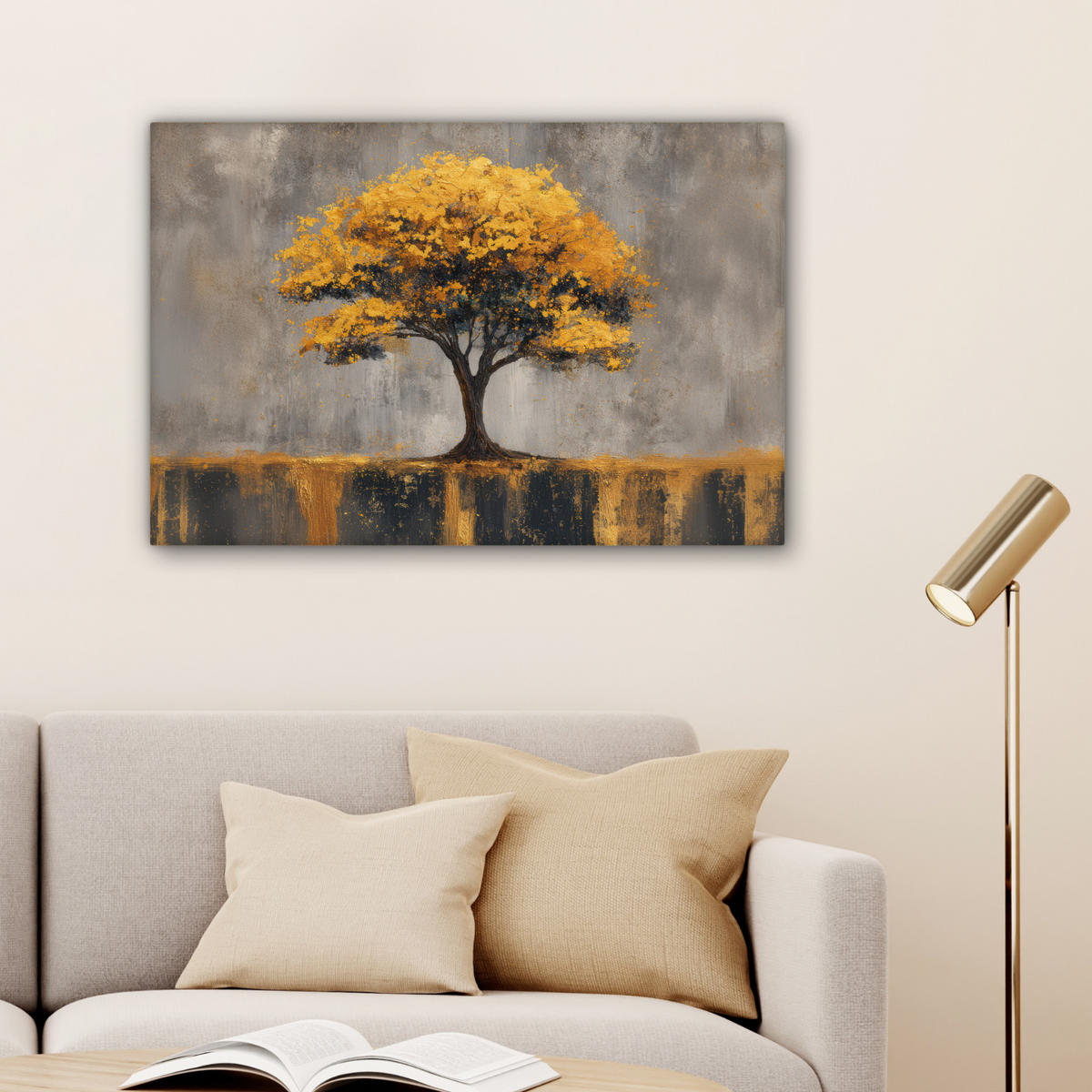 LEINWANDBILD Baum - Blätter - Gold - Abstrakt Gemälde 60x40 cm - Grau, Textil (60/40cm) - MuchoWow