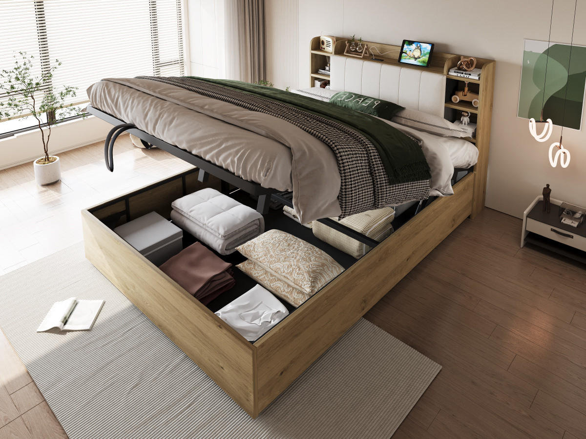 JUGENDBETT 180/200 mit Bettkasten, USB, Type-C und Kopfteil mit Stauraum - Naturfarben, Holzwerkstoff/Metall (180/200cm) - EVRYAE