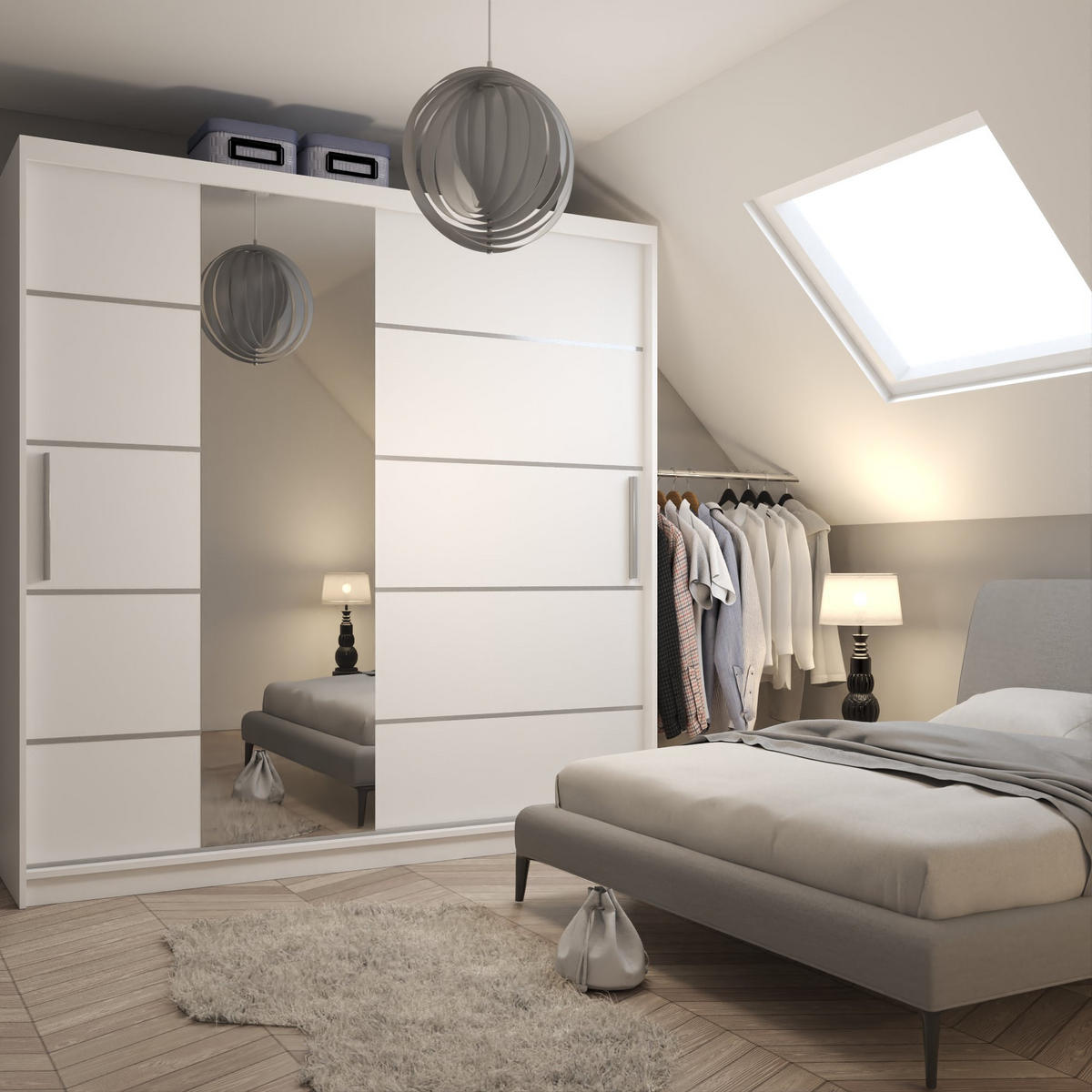 BELINI Verona MBP – posuvné skrine, 200 cm, biela, matná – šatník so zrkadlom a 2 zásuvkami, do spálne - biela, drevo (200/216/60cm) - B BELINI GROUP