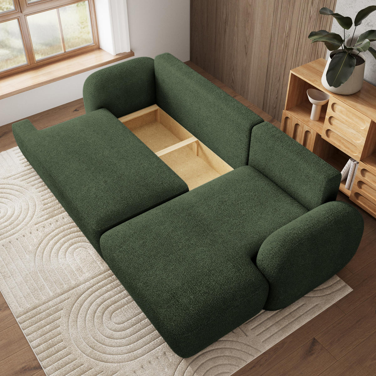ECKSOFA MODENZA N R-S Grün Boucle-Stoff mit Schlaffunktion - Grün, Holz (266/148cm) - MASSENO