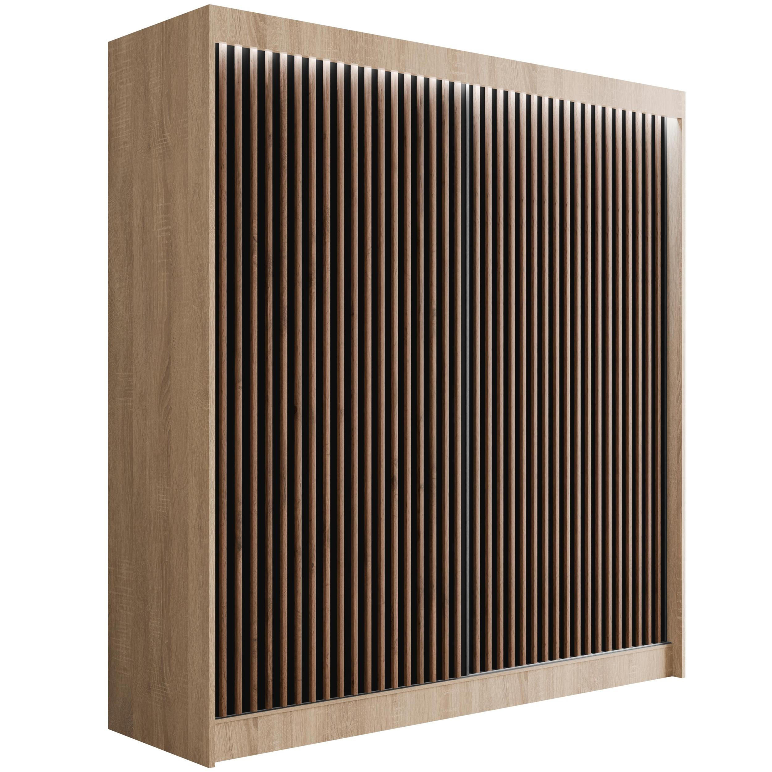 KLEIDERSCHRANK mit LED, Lamel-Schiebetüren VILANv2 - 200 cm Sonoma Eiche + Lamelle Eiche Wotan - Eiche Wotan/Sonoma Eiche, Holzwerkstoff (200/215/61cm) - ALTDECOR