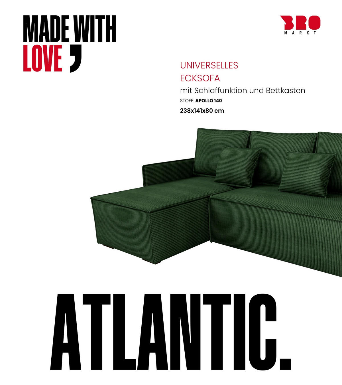 ECKSOFA Atlantic mit Schlaffunktion Grün Cord - Grün, Textil (238/141cm) - Bromarkt