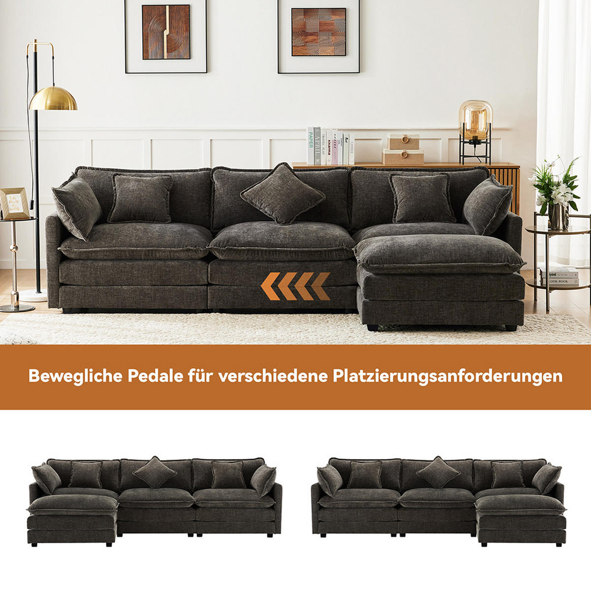 ECKSOFA in Dunkelgrau Chenille-Stoff mit Fußstütze - Dunkelgrau, Kunststoff/Textil (147/283cm) - KOMHTOM