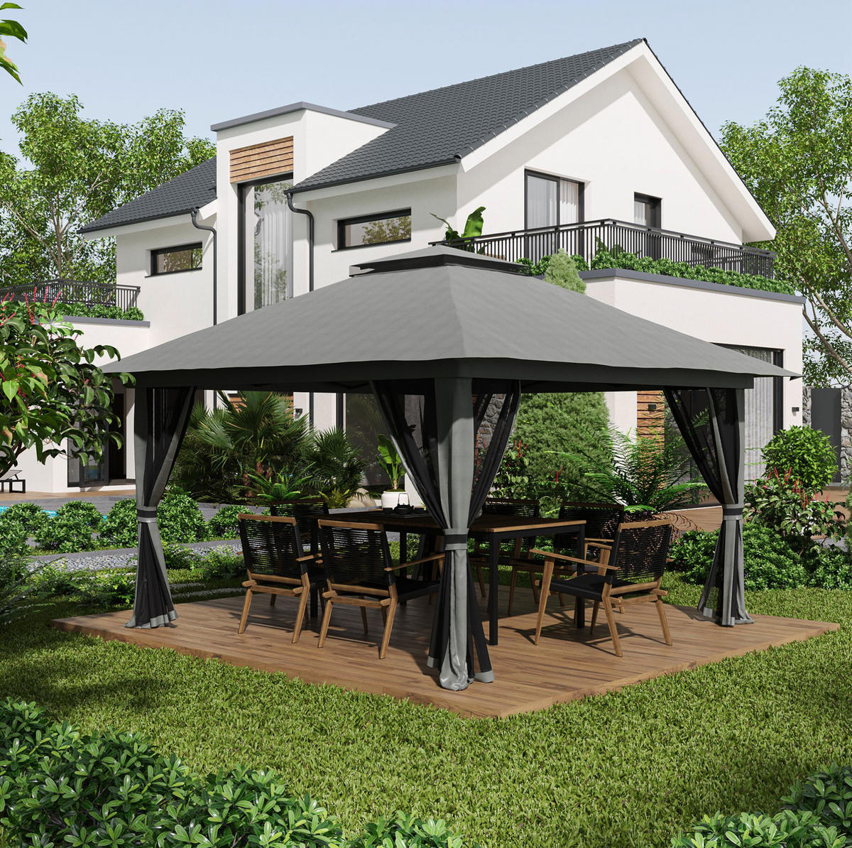 PAVILLONS aus Eisen 392x392x283 cm in Dunkelgrau mit UV50+ & höhenverstellbar - Dunkelgrau, Metall (392/283/392cm) - Modfu