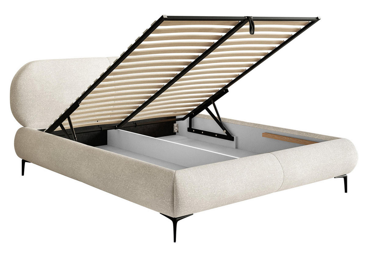 POLSTERBETT Ovalle Cremeweiß mit schwarzen Metallbeinen und Bettkasten 140 cm - Creme/Schwarz, Textil/Metall (140/200cm) - Selsey