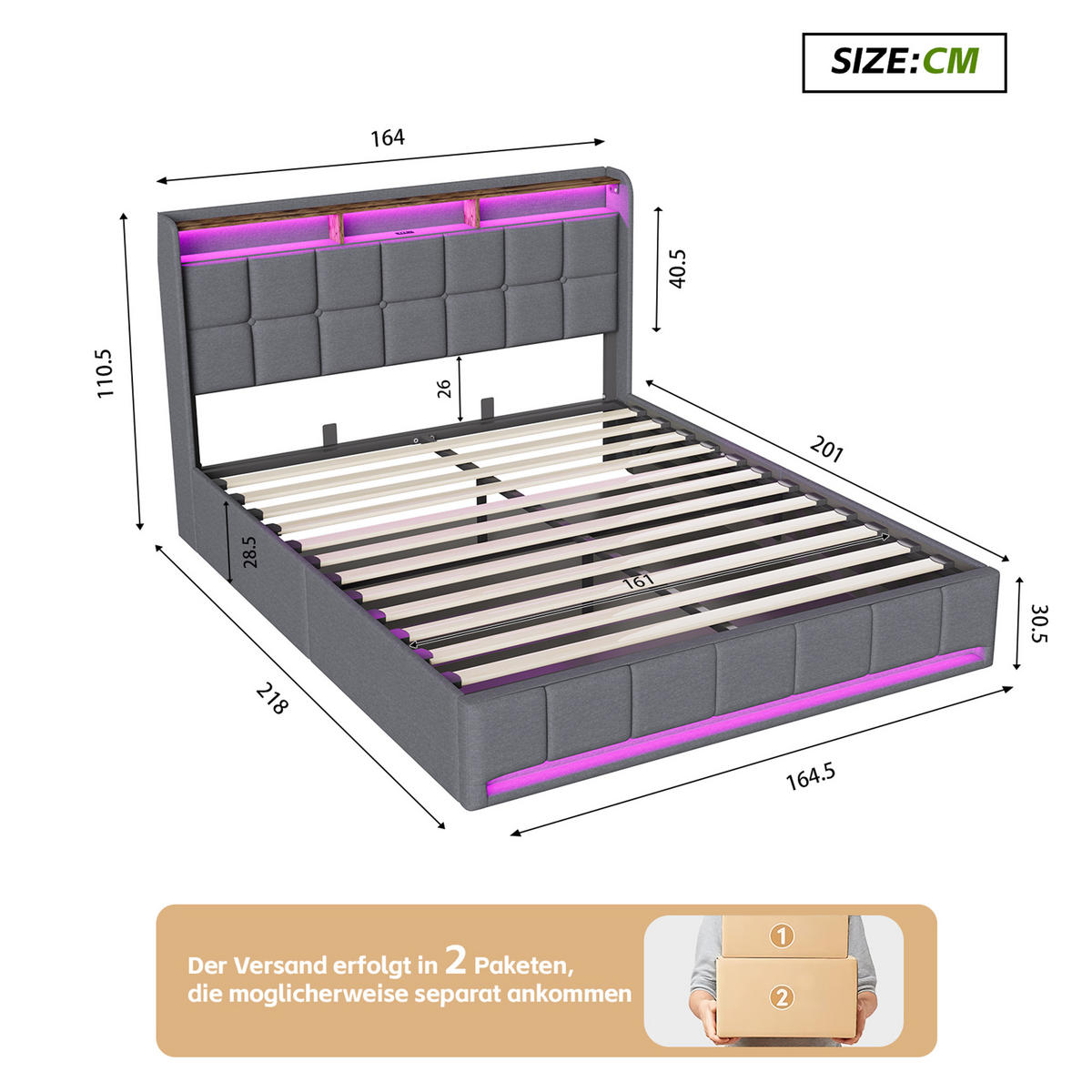 POLSTERBETT 160x200 cm Grau mit LED Beleuchtung, Kopfteil mit Stauraum und USB/Type-C, hydraulisches Stauraumbett - Grau, Metall (160/200cm) - EuroLiving