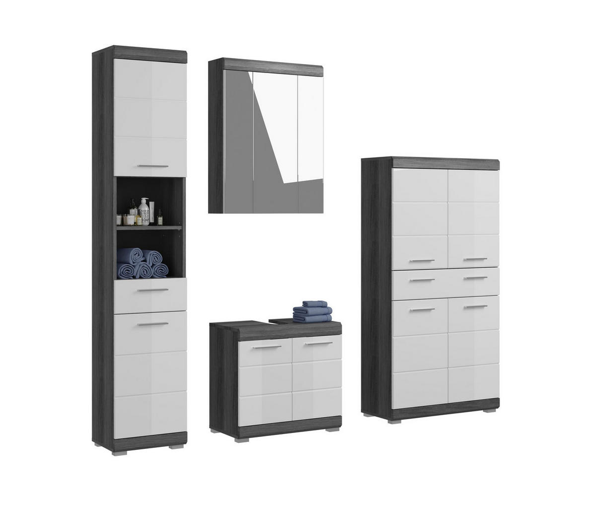 BADKOMBINATION 4tlg. Scout Bad in Rauchsilber Nachbildung und weiß hochglanz B/H/T: 186x191x34 cm - Anthrazit, Holz (186/191/34cm)