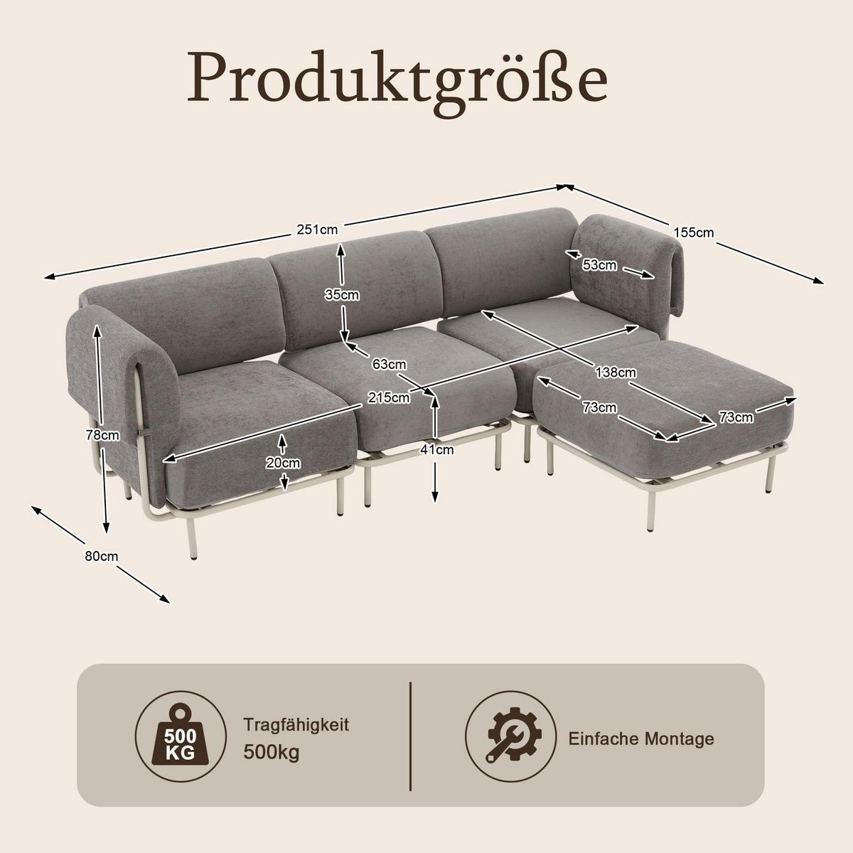 ECKSOFA L-Form modular mit Hocker, DE-42607, Grau - Grau, Metall (251/155cm) - ComfortXL