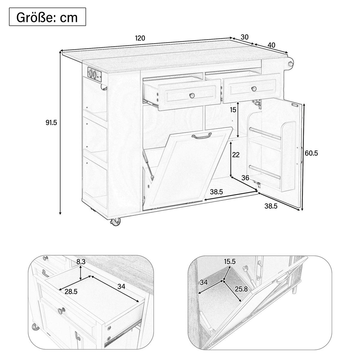 KÜCHENINSEL 120x70x91.5cm Schwarz mit Ausziehplatte & Rollen - Schwarz, Holzwerkstoff (120/91.5/70cm) - Modfu