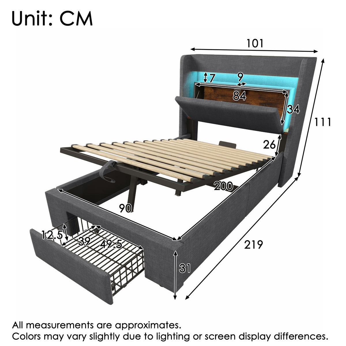 BETT mit Stauraum & LED 90x200 cm Leinen Grau - Grau, Metall (90/200cm) - Meubliv