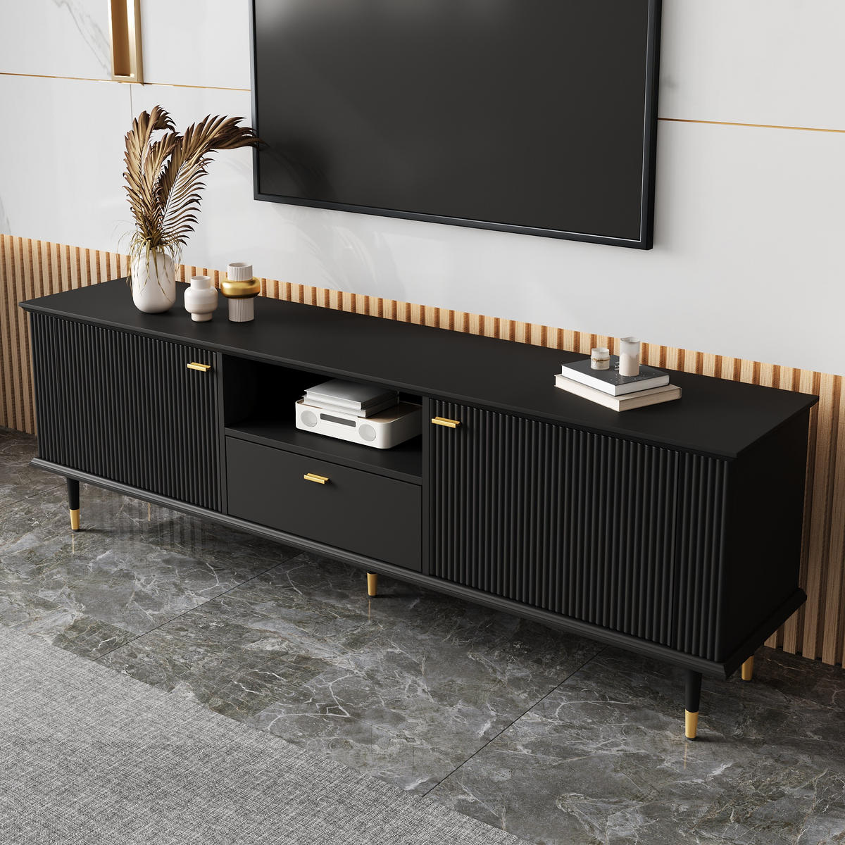 TV-SCHRANK offene Fächer Schubladen Soft-Close modern - Schwarz, Holzwerkstoff (36/54/170cm) - FLIEKS