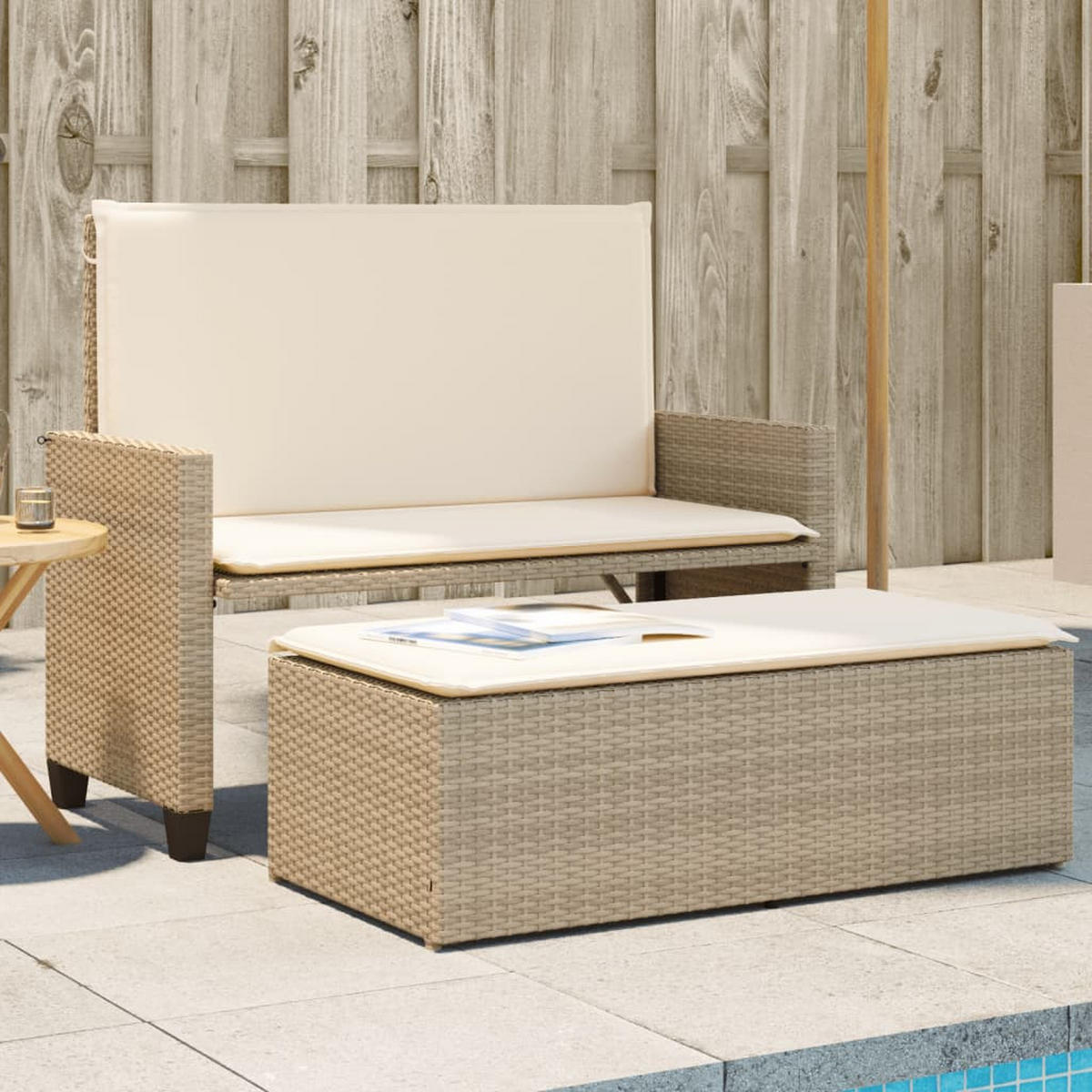 GARTENBANK mit Kissen und Hocker Beige Poly Rattan - Beige, Kunststoff (122/61.5/55cm) - furnicato