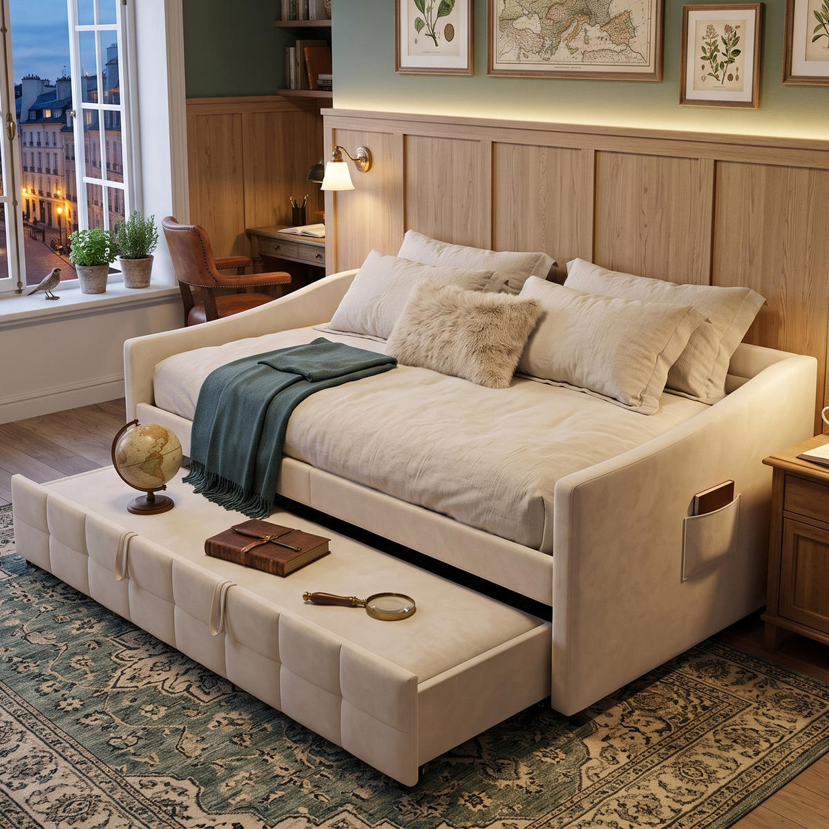 POLSTERBETT Tagesbett 90/200 cm erweiterbar auf 180/200 cm Samtoptik Creme - Beige, Textil (90/200cm) - Creahappy