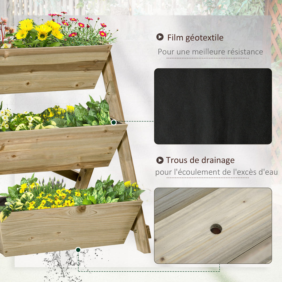 HOCHBEET 3-Stufig DE-12110 71/61/77 cm mit Bewässerung Natur - Grün, Holz (71/77/61cm) - ComfortXL