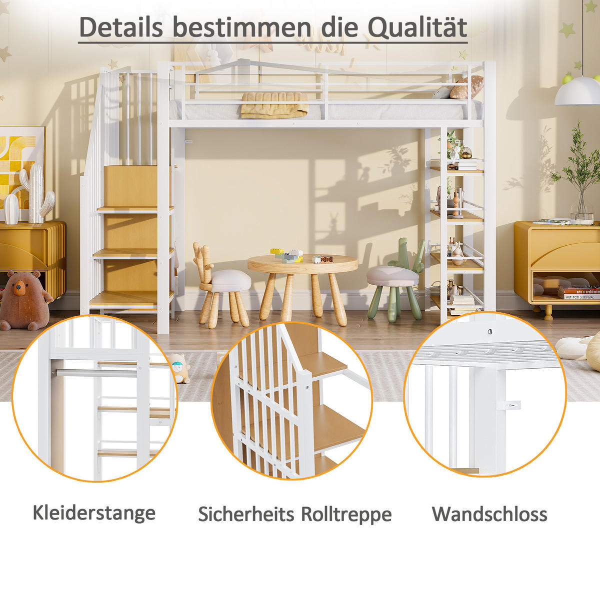 HOCHBETT 90/200 cm mit Sicherheitstreppe, Stauraum, Kleiderschrank und Regalen, Metall, Weiß - Weiß, Metall (90/200cm) - Redom