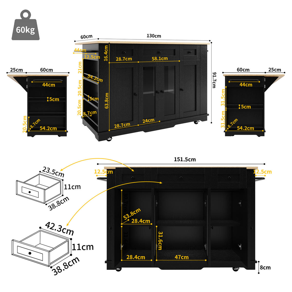KÜCHENINSEL 151.5x85x91.7cm Schwarz mit Klapptisch & Schubladen - Schwarz, Holzwerkstoff (151.5/91.7/85cm) - Modfu