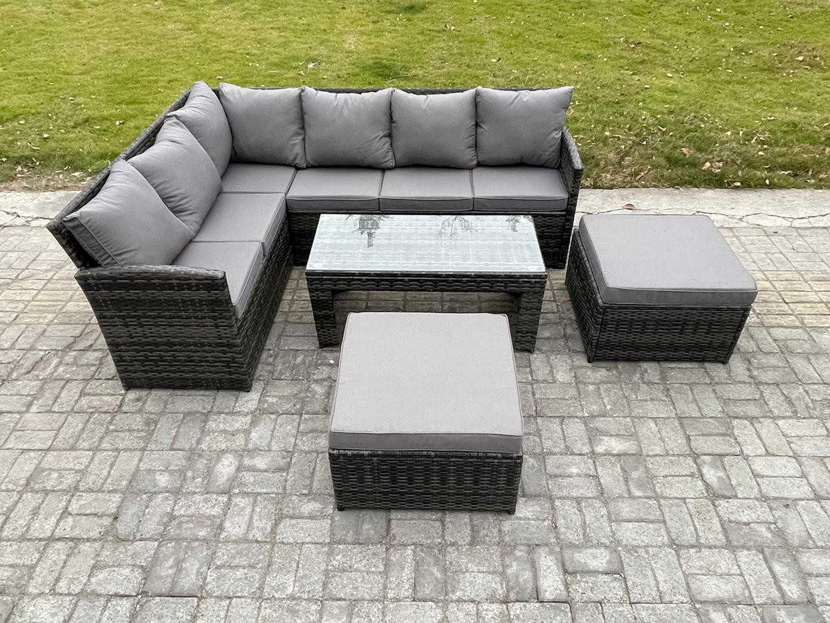 SITZGRUPPE mit Ecksofa,Länglicher Couchtisch ,2 Hockern Polyrattan 8-Sitzer - Dunkelgrau/Grau, Glas/Kunststoff - Fimous