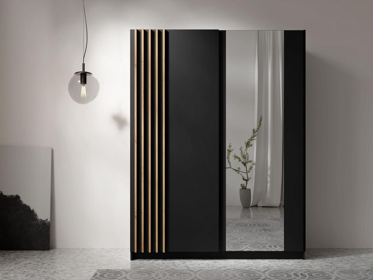 KLEIDERSCHRANK Beralto Schwarz 150/198,5/63,5 cm – mit Spiegel und Lamellenfront - Schwarz, Holzwerkstoff (150/198.5/63.5cm) - AX Living