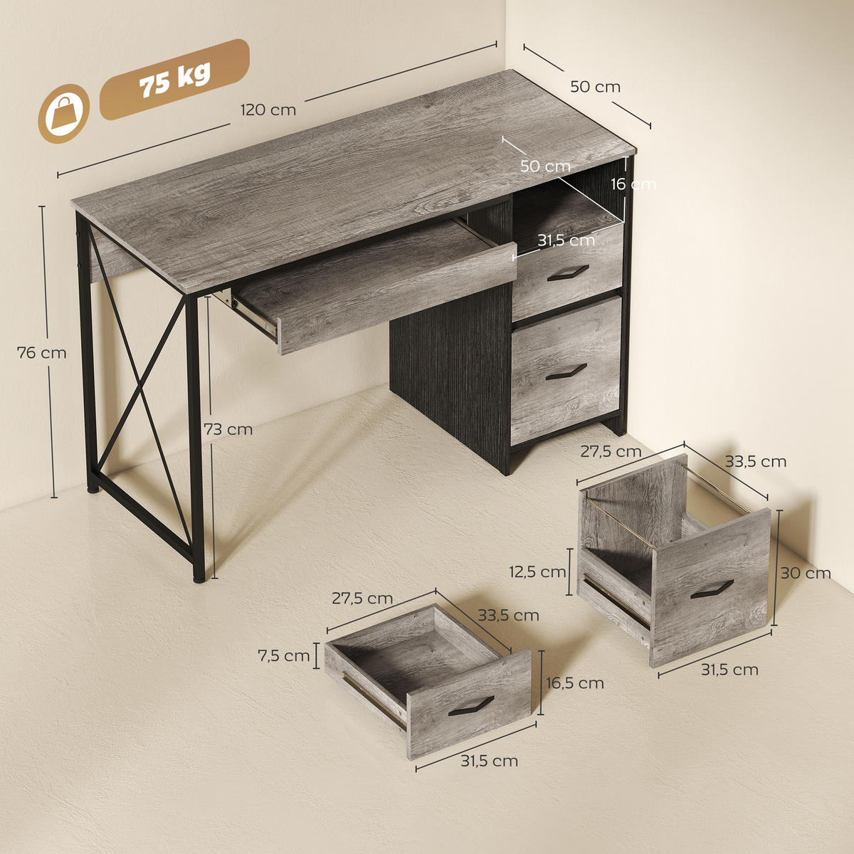 SCHREIBTISCH Grau mit Tastaturauszug, 2 Schubladen und Fach 120/50/76 cm - Hellgrau, Holzwerkstoff (50/120/76cm) - PANGIVO