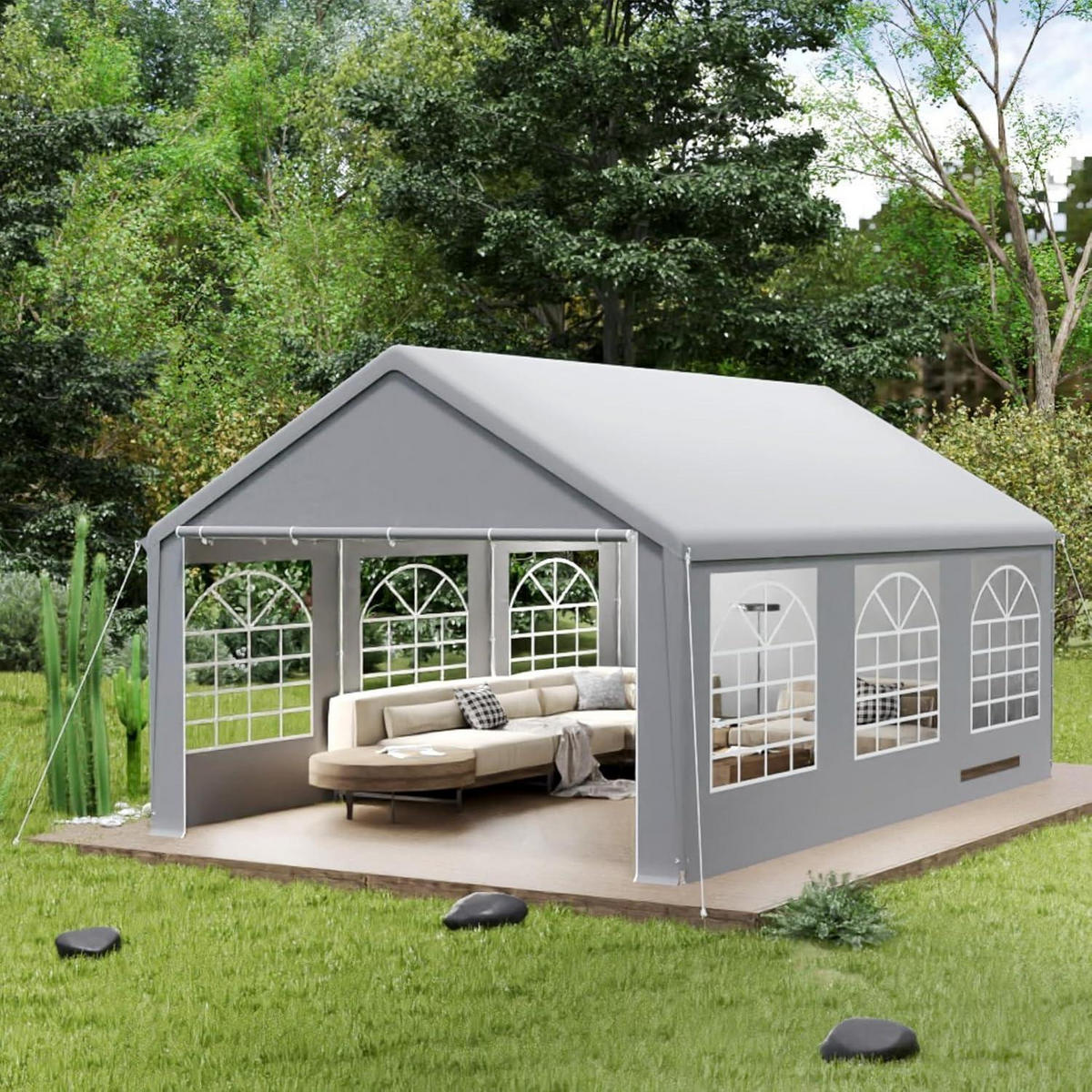 GARTENZELT 4 x 6 m Grau mit 4 Seitenwänden - Grau, Textil (400/223/600cm)
