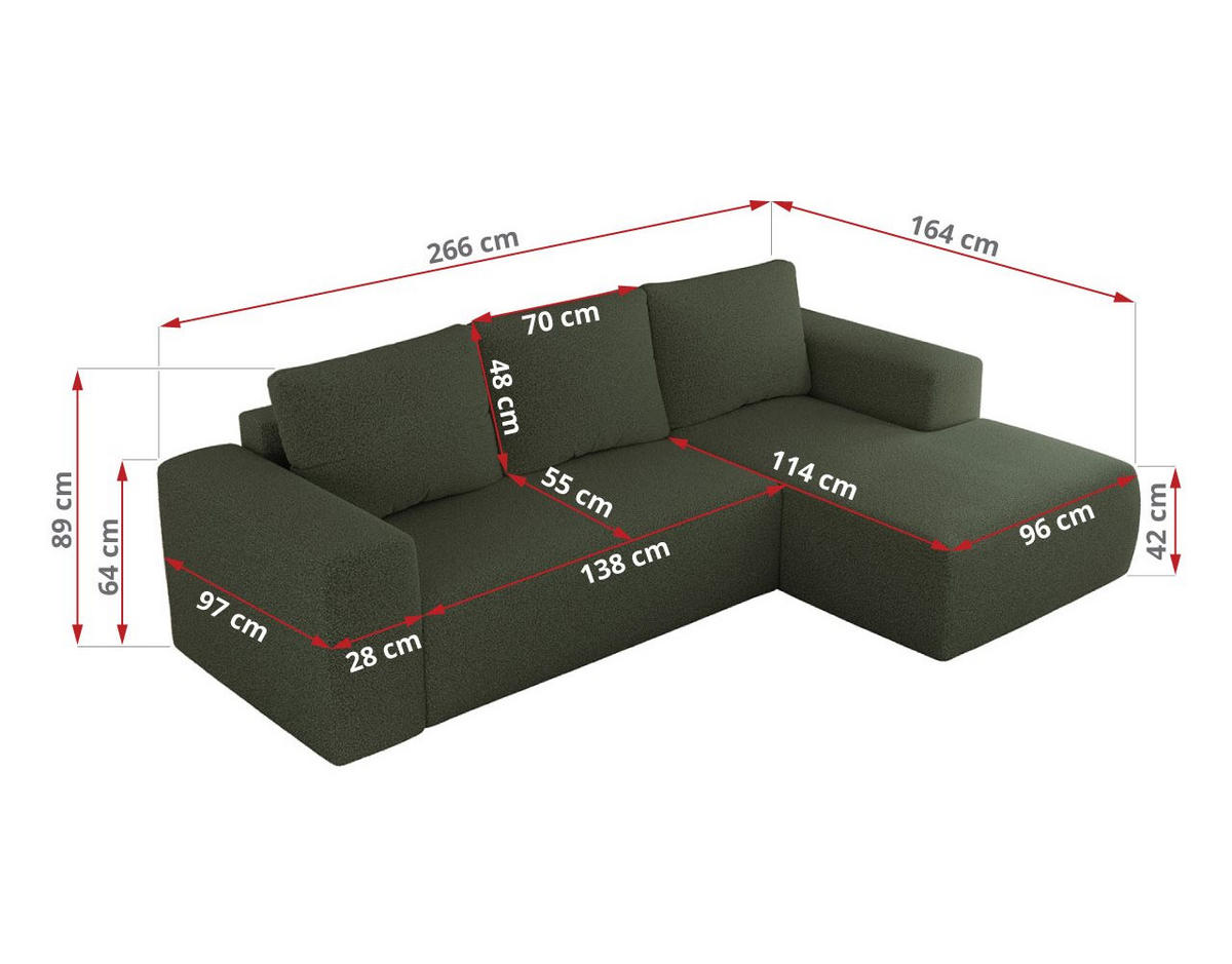 ECKSOFA TRENTINO L Grün Boucle - Links - Schwarz/Grün, Textil (266/164cm) - MKS